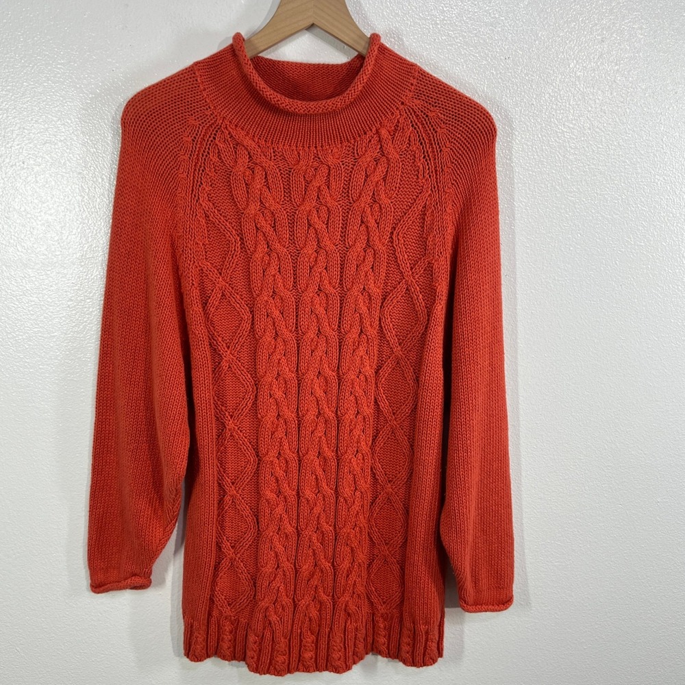 Vintage 80s Laura Tyler‎ Cable Knit Sweater Medium Red Orange Ramie Cotton Knit